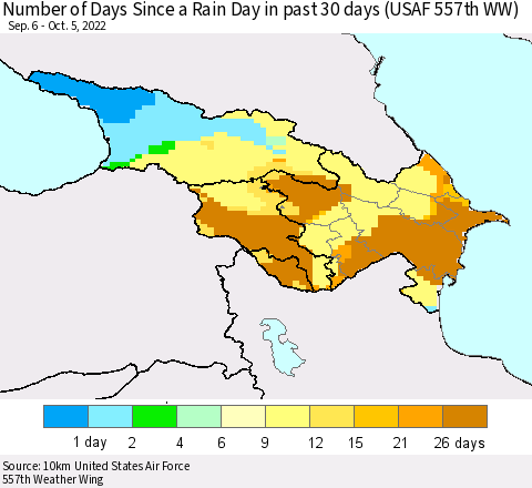 Azerbaijan, Armenia and Georgia Number of Days Since a Rain Day in past 30 days (USAF 557th WW) Thematic Map For 10/1/2022 - 10/5/2022