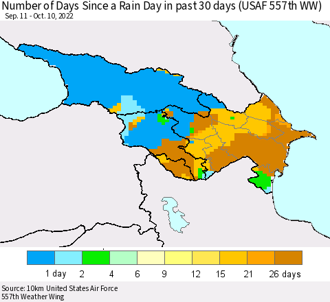 Azerbaijan, Armenia and Georgia Number of Days Since a Rain Day in past 30 days (USAF 557th WW) Thematic Map For 10/6/2022 - 10/10/2022