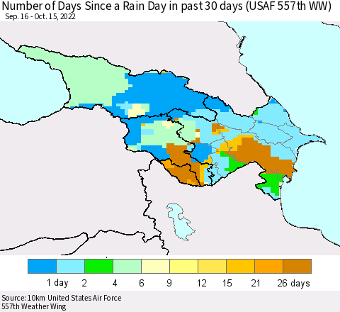 Azerbaijan, Armenia and Georgia Number of Days Since a Rain Day in past 30 days (USAF 557th WW) Thematic Map For 10/11/2022 - 10/15/2022