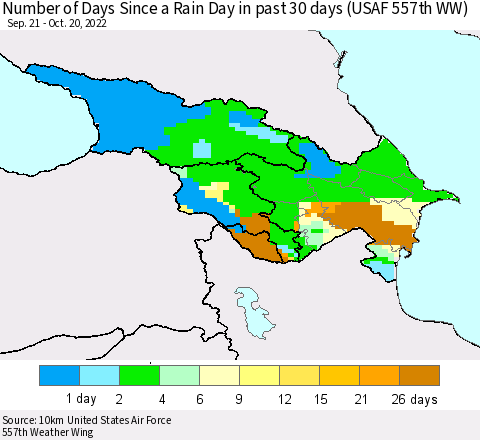 Azerbaijan, Armenia and Georgia Number of Days Since a Rain Day in past 30 days (USAF 557th WW) Thematic Map For 10/16/2022 - 10/20/2022