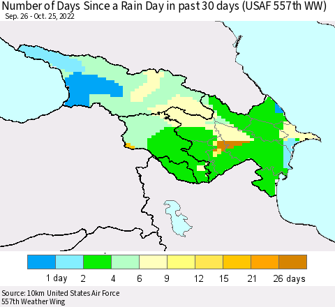 Azerbaijan, Armenia and Georgia Number of Days Since a Rain Day in past 30 days (USAF 557th WW) Thematic Map For 10/21/2022 - 10/25/2022