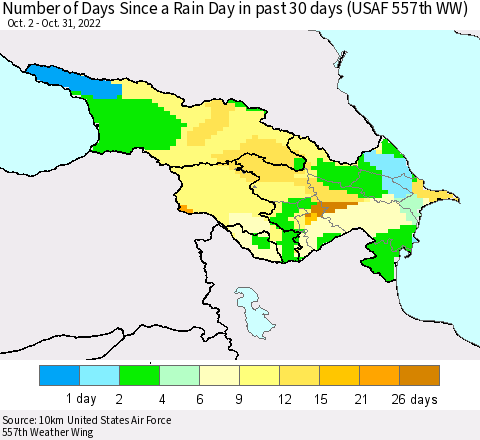 Azerbaijan, Armenia and Georgia Number of Days Since a Rain Day in past 30 days (USAF 557th WW) Thematic Map For 10/26/2022 - 10/31/2022