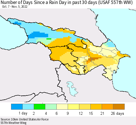 Azerbaijan, Armenia and Georgia Number of Days Since a Rain Day in past 30 days (USAF 557th WW) Thematic Map For 11/1/2022 - 11/5/2022