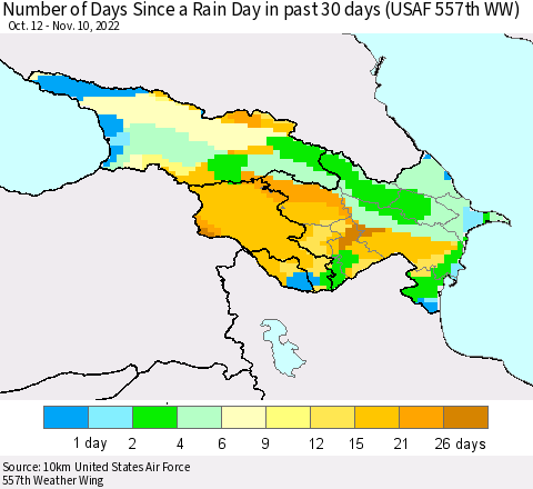 Azerbaijan, Armenia and Georgia Number of Days Since a Rain Day in past 30 days (USAF 557th WW) Thematic Map For 11/6/2022 - 11/10/2022