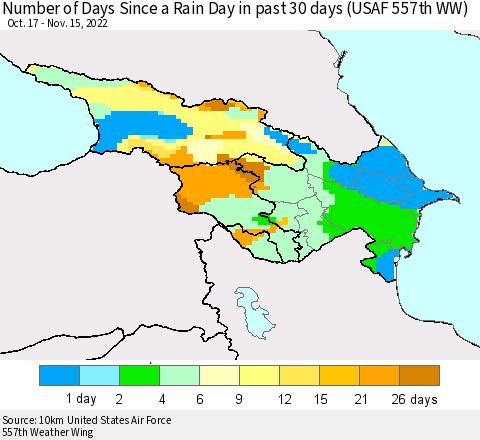 Azerbaijan, Armenia and Georgia Number of Days Since a Rain Day in past 30 days (USAF 557th WW) Thematic Map For 11/11/2022 - 11/15/2022