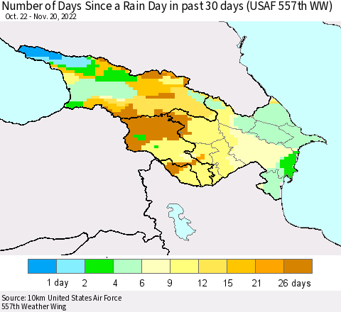 Azerbaijan, Armenia and Georgia Number of Days Since a Rain Day in past 30 days (USAF 557th WW) Thematic Map For 11/16/2022 - 11/20/2022