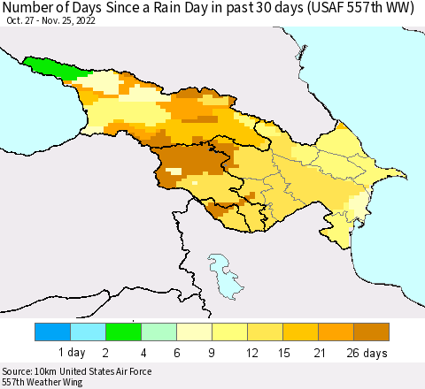 Azerbaijan, Armenia and Georgia Number of Days Since a Rain Day in past 30 days (USAF 557th WW) Thematic Map For 11/21/2022 - 11/25/2022