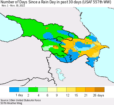 Azerbaijan, Armenia and Georgia Number of Days Since a Rain Day in past 30 days (USAF 557th WW) Thematic Map For 11/26/2022 - 11/30/2022
