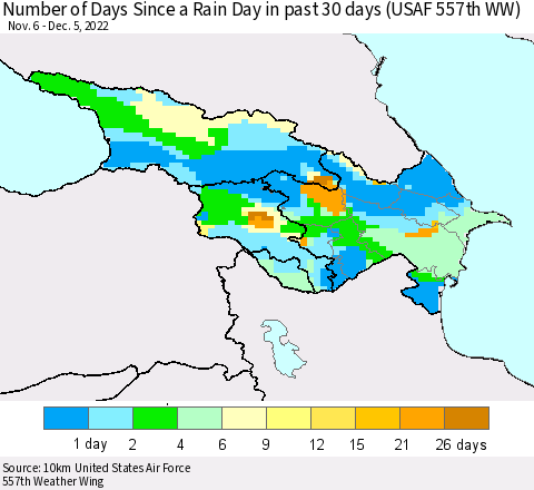 Azerbaijan, Armenia and Georgia Number of Days Since a Rain Day in past 30 days (USAF 557th WW) Thematic Map For 12/1/2022 - 12/5/2022