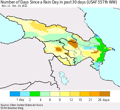 Azerbaijan, Armenia and Georgia Number of Days Since a Rain Day in past 30 days (USAF 557th WW) Thematic Map For 12/6/2022 - 12/10/2022