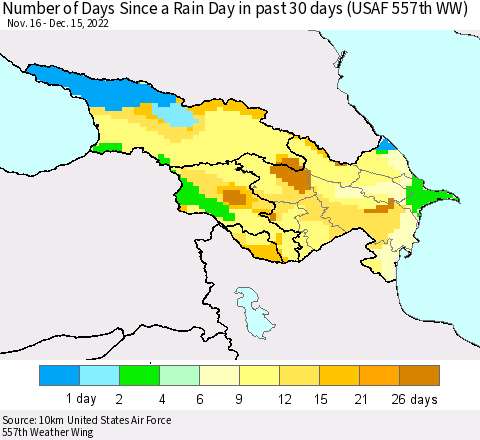 Azerbaijan, Armenia and Georgia Number of Days Since a Rain Day in past 30 days (USAF 557th WW) Thematic Map For 12/11/2022 - 12/15/2022