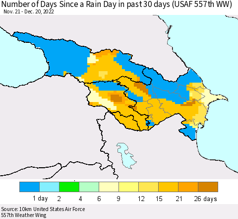 Azerbaijan, Armenia and Georgia Number of Days Since a Rain Day in past 30 days (USAF 557th WW) Thematic Map For 12/16/2022 - 12/20/2022