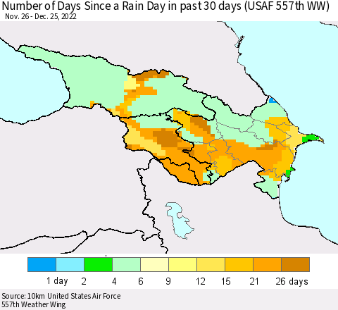 Azerbaijan, Armenia and Georgia Number of Days Since a Rain Day in past 30 days (USAF 557th WW) Thematic Map For 12/21/2022 - 12/25/2022