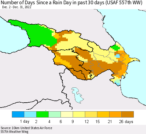Azerbaijan, Armenia and Georgia Number of Days Since a Rain Day in past 30 days (USAF 557th WW) Thematic Map For 12/26/2022 - 12/31/2022