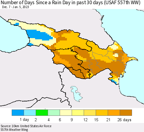 Azerbaijan, Armenia and Georgia Number of Days Since a Rain Day in past 30 days (USAF 557th WW) Thematic Map For 1/1/2023 - 1/5/2023
