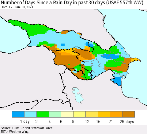 Azerbaijan, Armenia and Georgia Number of Days Since a Rain Day in past 30 days (USAF 557th WW) Thematic Map For 1/6/2023 - 1/10/2023