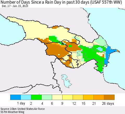 Azerbaijan, Armenia and Georgia Number of Days Since a Rain Day in past 30 days (USAF 557th WW) Thematic Map For 1/11/2023 - 1/15/2023