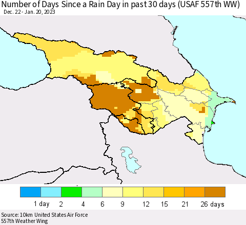 Azerbaijan, Armenia and Georgia Number of Days Since a Rain Day in past 30 days (USAF 557th WW) Thematic Map For 1/16/2023 - 1/20/2023