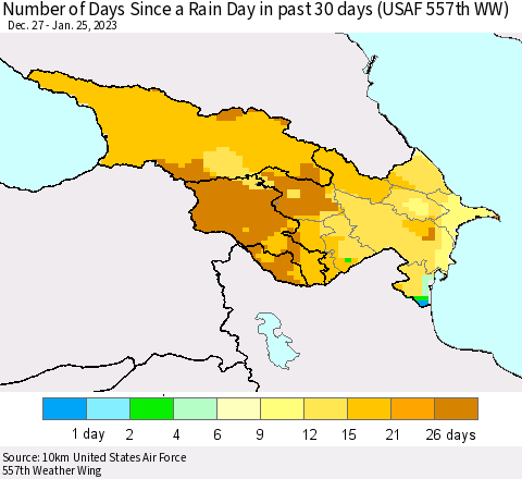 Azerbaijan, Armenia and Georgia Number of Days Since a Rain Day in past 30 days (USAF 557th WW) Thematic Map For 1/21/2023 - 1/25/2023