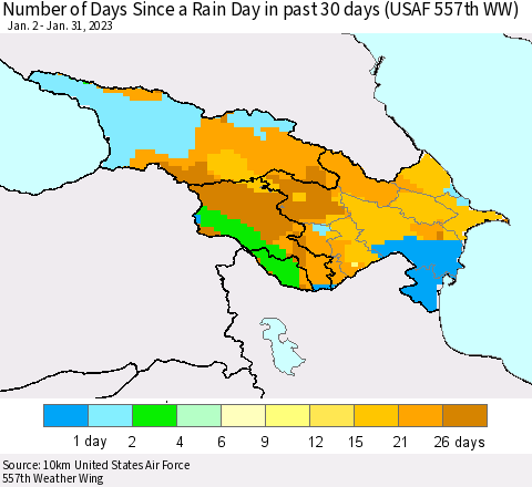 Azerbaijan, Armenia and Georgia Number of Days Since a Rain Day in past 30 days (USAF 557th WW) Thematic Map For 1/26/2023 - 1/31/2023