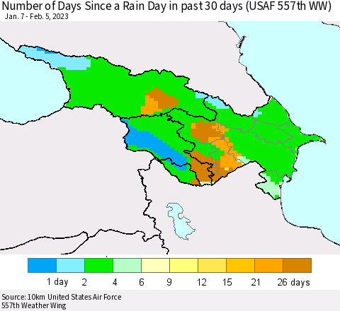 Azerbaijan, Armenia and Georgia Number of Days Since a Rain Day in past 30 days (USAF 557th WW) Thematic Map For 2/1/2023 - 2/5/2023
