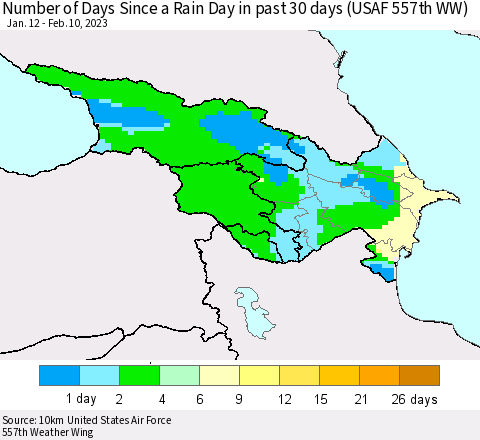 Azerbaijan, Armenia and Georgia Number of Days Since a Rain Day in past 30 days (USAF 557th WW) Thematic Map For 2/6/2023 - 2/10/2023