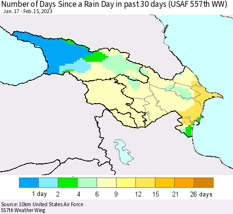 Azerbaijan, Armenia and Georgia Number of Days Since a Rain Day in past 30 days (USAF 557th WW) Thematic Map For 2/11/2023 - 2/15/2023
