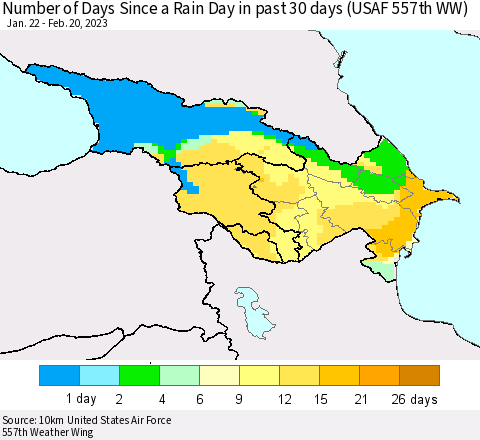 Azerbaijan, Armenia and Georgia Number of Days Since a Rain Day in past 30 days (USAF 557th WW) Thematic Map For 2/16/2023 - 2/20/2023