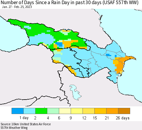 Azerbaijan, Armenia and Georgia Number of Days Since a Rain Day in past 30 days (USAF 557th WW) Thematic Map For 2/21/2023 - 2/25/2023