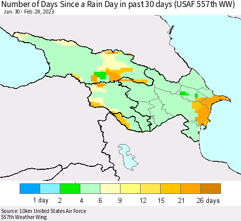 Azerbaijan, Armenia and Georgia Number of Days Since a Rain Day in past 30 days (USAF 557th WW) Thematic Map For 2/26/2023 - 2/28/2023