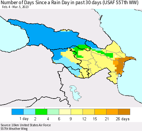 Azerbaijan, Armenia and Georgia Number of Days Since a Rain Day in past 30 days (USAF 557th WW) Thematic Map For 3/1/2023 - 3/5/2023