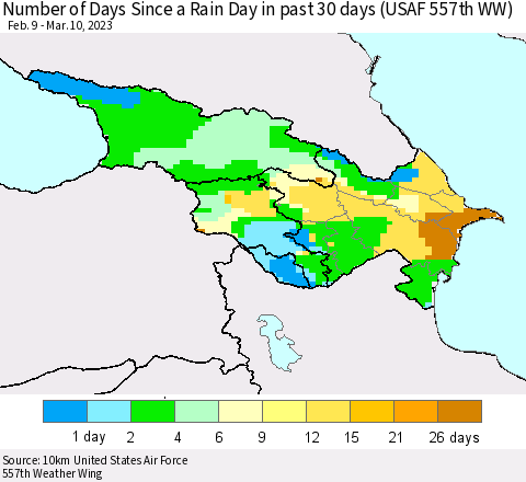 Azerbaijan, Armenia and Georgia Number of Days Since a Rain Day in past 30 days (USAF 557th WW) Thematic Map For 3/6/2023 - 3/10/2023
