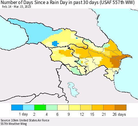 Azerbaijan, Armenia and Georgia Number of Days Since a Rain Day in past 30 days (USAF 557th WW) Thematic Map For 3/11/2023 - 3/15/2023
