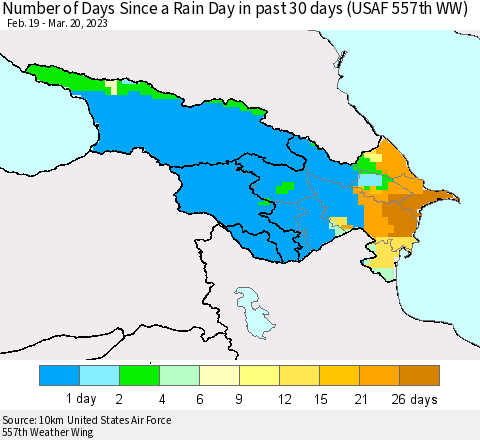 Azerbaijan, Armenia and Georgia Number of Days Since a Rain Day in past 30 days (USAF 557th WW) Thematic Map For 3/16/2023 - 3/20/2023