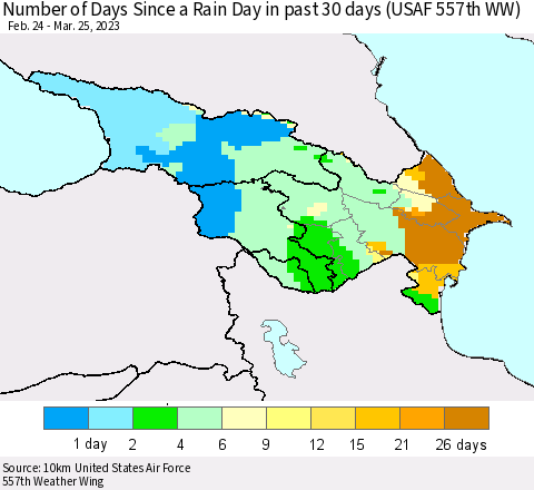Azerbaijan, Armenia and Georgia Number of Days Since a Rain Day in past 30 days (USAF 557th WW) Thematic Map For 3/21/2023 - 3/25/2023