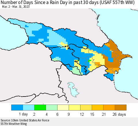 Azerbaijan, Armenia and Georgia Number of Days Since a Rain Day in past 30 days (USAF 557th WW) Thematic Map For 3/26/2023 - 3/31/2023