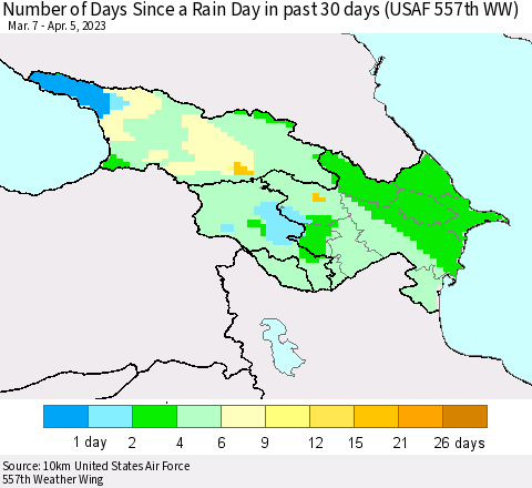 Azerbaijan, Armenia and Georgia Number of Days Since a Rain Day in past 30 days (USAF 557th WW) Thematic Map For 4/1/2023 - 4/5/2023