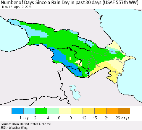 Azerbaijan, Armenia and Georgia Number of Days Since a Rain Day in past 30 days (USAF 557th WW) Thematic Map For 4/6/2023 - 4/10/2023