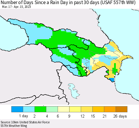 Azerbaijan, Armenia and Georgia Number of Days Since a Rain Day in past 30 days (USAF 557th WW) Thematic Map For 4/11/2023 - 4/15/2023