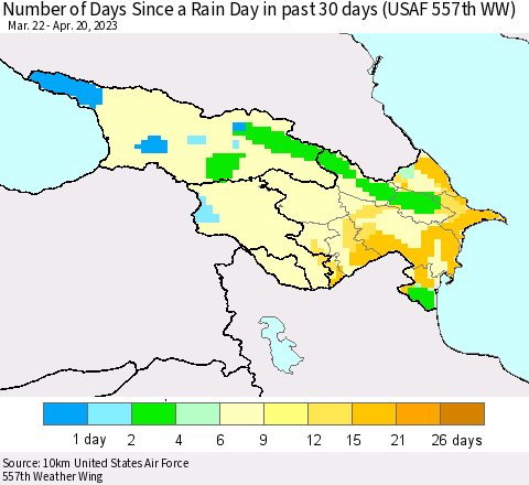 Azerbaijan, Armenia and Georgia Number of Days Since a Rain Day in past 30 days (USAF 557th WW) Thematic Map For 4/16/2023 - 4/20/2023