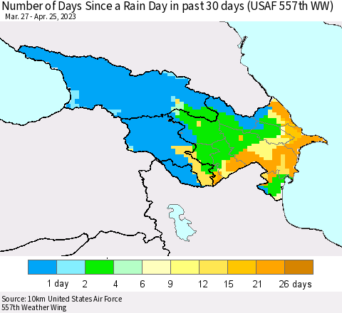 Azerbaijan, Armenia and Georgia Number of Days Since a Rain Day in past 30 days (USAF 557th WW) Thematic Map For 4/21/2023 - 4/25/2023