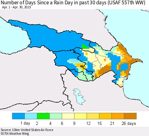 Azerbaijan, Armenia and Georgia Number of Days Since a Rain Day in past 30 days (USAF 557th WW) Thematic Map For 4/26/2023 - 4/30/2023