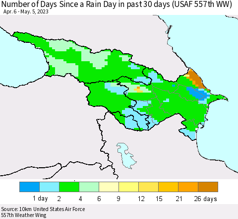 Azerbaijan, Armenia and Georgia Number of Days Since a Rain Day in past 30 days (USAF 557th WW) Thematic Map For 5/1/2023 - 5/5/2023