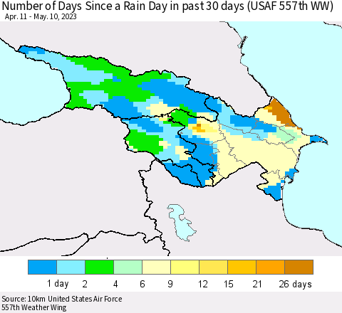 Azerbaijan, Armenia and Georgia Number of Days Since a Rain Day in past 30 days (USAF 557th WW) Thematic Map For 5/6/2023 - 5/10/2023