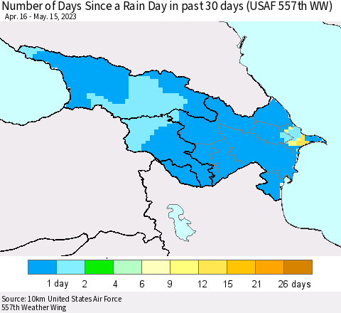 Azerbaijan, Armenia and Georgia Number of Days Since a Rain Day in past 30 days (USAF 557th WW) Thematic Map For 5/11/2023 - 5/15/2023