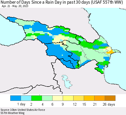 Azerbaijan, Armenia and Georgia Number of Days Since a Rain Day in past 30 days (USAF 557th WW) Thematic Map For 5/16/2023 - 5/20/2023