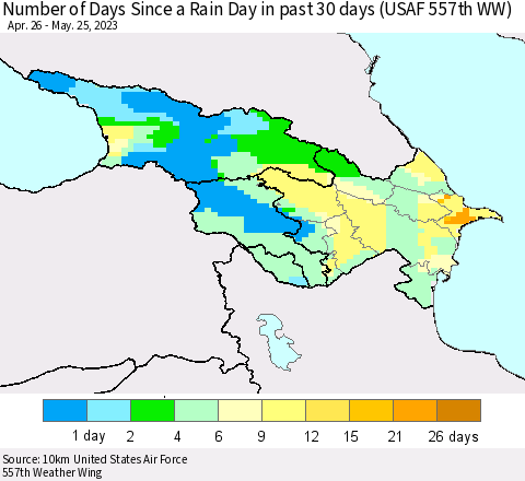 Azerbaijan, Armenia and Georgia Number of Days Since a Rain Day in past 30 days (USAF 557th WW) Thematic Map For 5/21/2023 - 5/25/2023