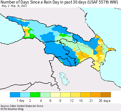 Azerbaijan, Armenia and Georgia Number of Days Since a Rain Day in past 30 days (USAF 557th WW) Thematic Map For 5/26/2023 - 5/31/2023