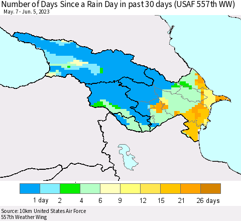 Azerbaijan, Armenia and Georgia Number of Days Since a Rain Day in past 30 days (USAF 557th WW) Thematic Map For 6/1/2023 - 6/5/2023