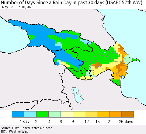 Azerbaijan, Armenia and Georgia Number of Days Since a Rain Day in past 30 days (USAF 557th WW) Thematic Map For 6/6/2023 - 6/10/2023